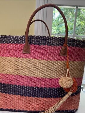Buji Baja Soft Straw Raffia Pink Orange Blue Beach Bag Handbag Leather Handles